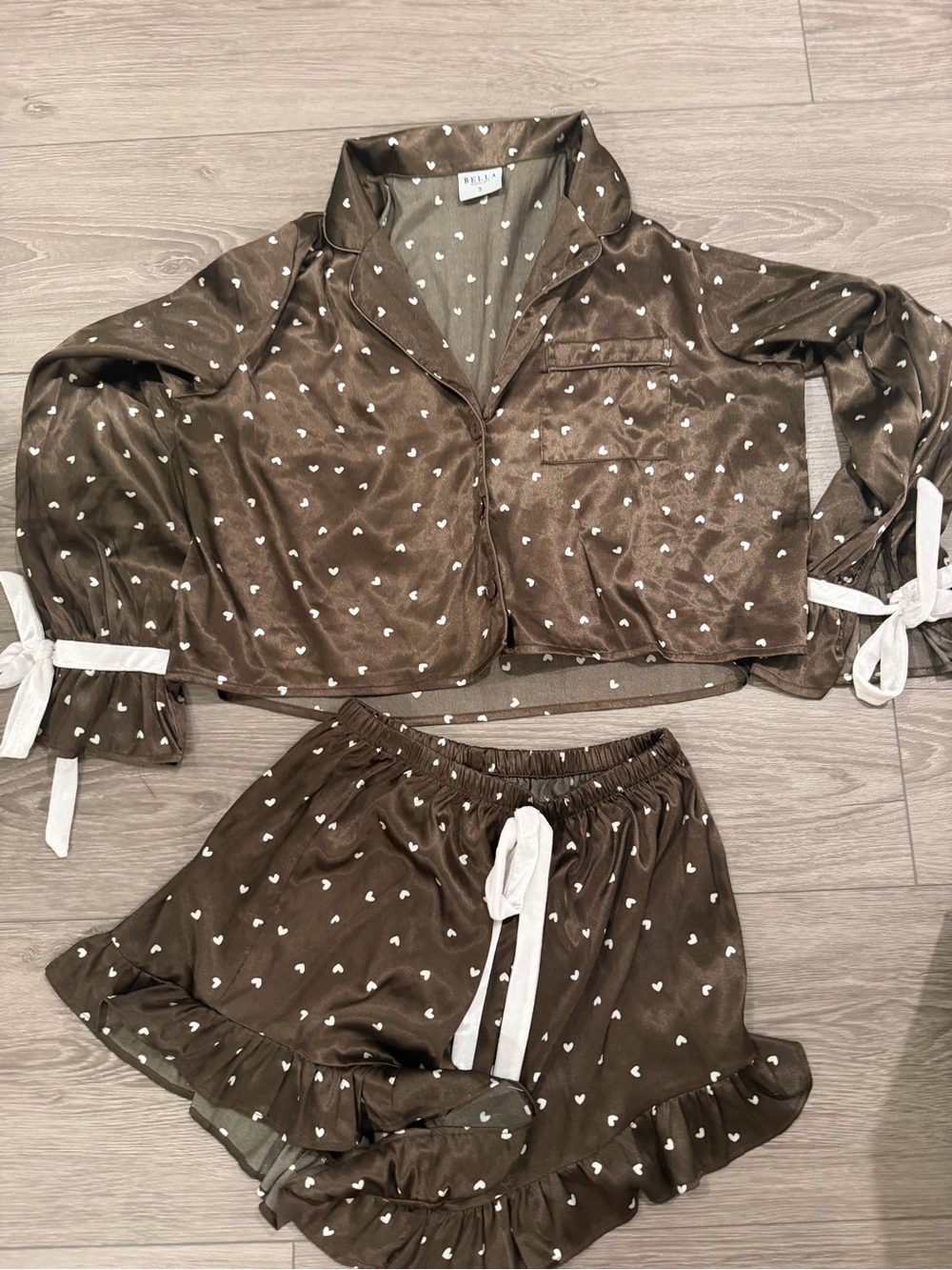 Bella Sleep + Spa Brown Heart-Print Satin Pajama Set